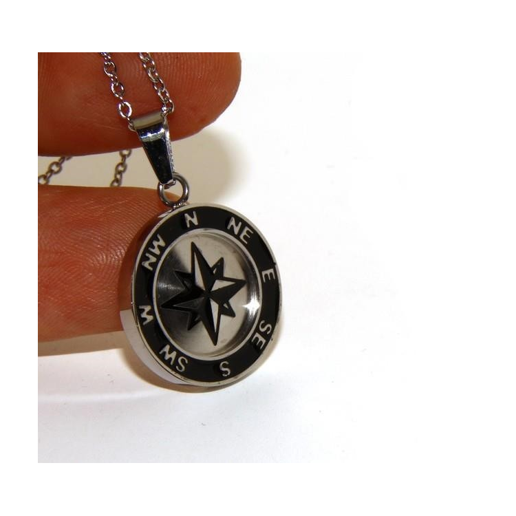 Steel: Exclusive men's necklace with a round IP black compass rose pendant|NSA
