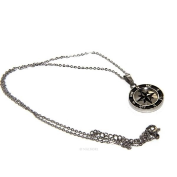 Steel: Exclusive men's necklace with a round IP black compass rose pendant|NSA