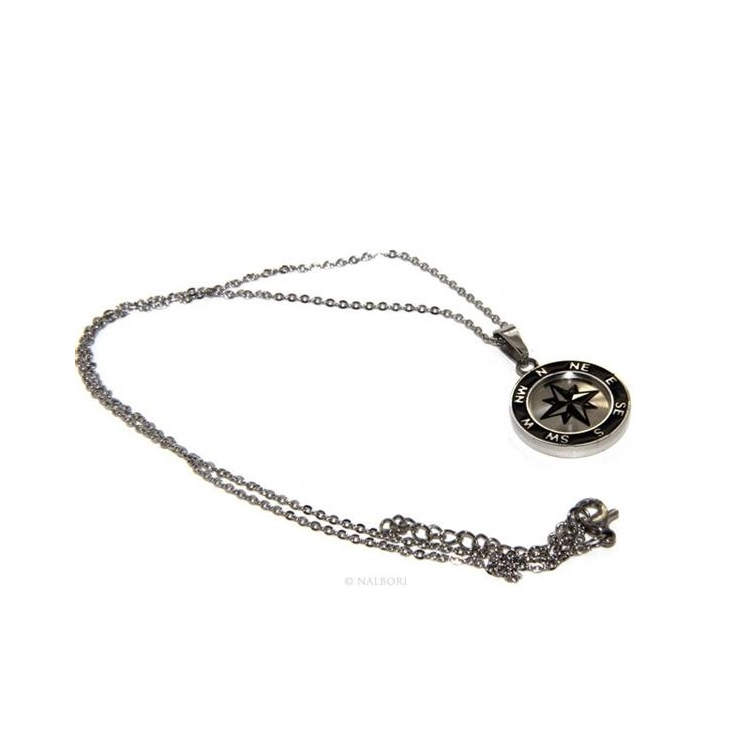 Steel: Exclusive men's necklace with a round IP black compass rose pendant|NSA