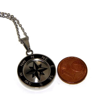 Steel: Exclusive men's necklace with a round IP black compass rose pendant|NSA