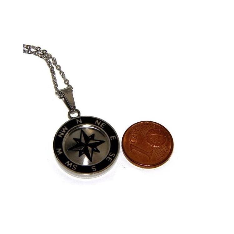 Steel: Exclusive men's necklace with a round IP black compass rose pendant|NSA