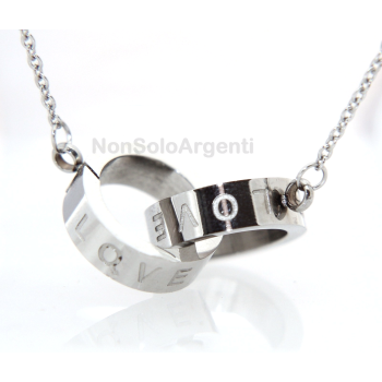 Acciaio al titanio : collana rolo' con centrale anelli cerchi intrecciati scritta LOVE|NonSoloArgenti