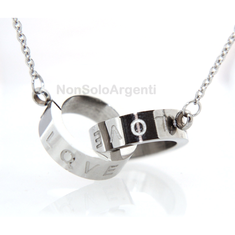 Acciaio al titanio : collana rolo' con centrale anelli cerchi intrecciati scritta LOVE|NonSoloArgenti
