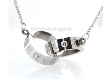 Acciaio al titanio : collana rolo' con centrale anelli cerchi intrecciati scritta LOVE|NonSoloArgenti