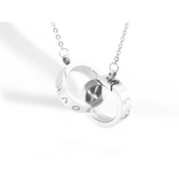Acciaio al titanio : collana rolo' con centrale anelli cerchi intrecciati scritta LOVE|NonSoloArgenti