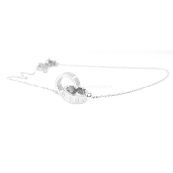 Acciaio al titanio : collana rolo' con centrale anelli cerchi intrecciati scritta LOVE|NonSoloArgenti