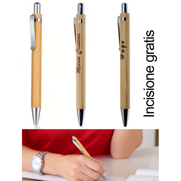 NonSoloArgenti|Bamboo wood pen with free name engraving, blue or black ink