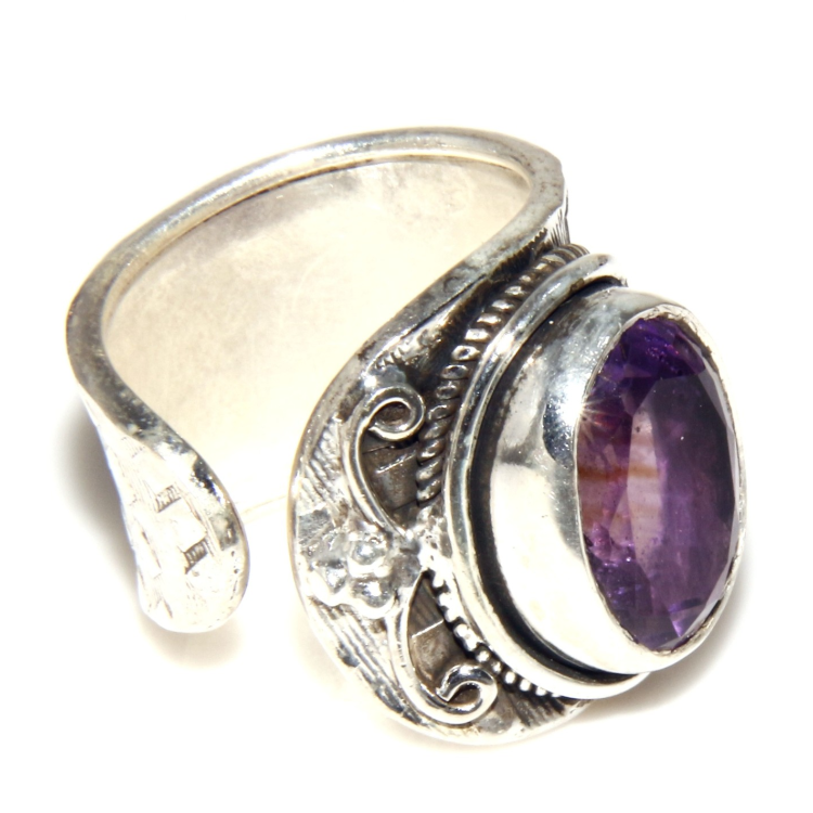 NSA|Argento 925 : Anello donna aperto a C con ametista ovale sfaccettata 15/16