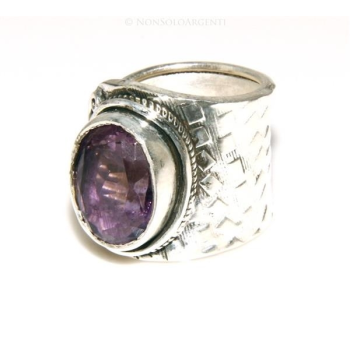 NSA|Argento 925 : Anello donna aperto a C con ametista ovale sfaccettata 15/16