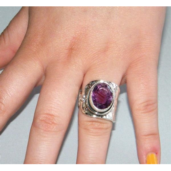 NonSoloArgenti|925 silver: Women's open C-shaped ring with 15/16 faceted oval amethyst