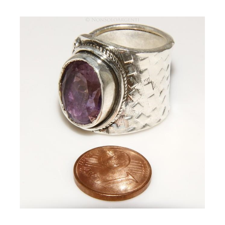 NSA|Argento 925 : Anello donna aperto a C con ametista ovale sfaccettata 15/16