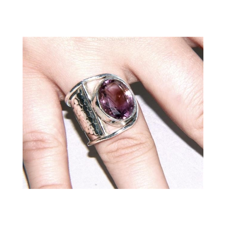 NonSoloArgenti|925 silver: Women's open C-shaped ring with 15/16 faceted oval amethyst