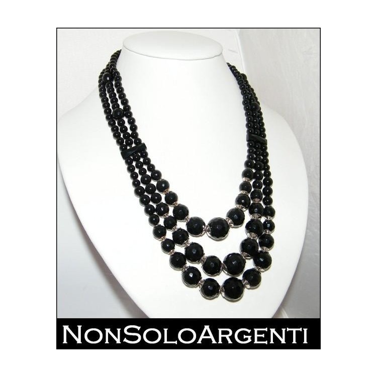 NonSoloArgenti|Choker necklace with calibrated faceted natural onyx beads, 3 strands