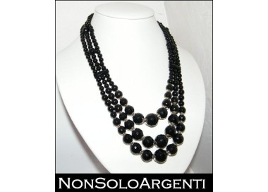 NonSoloArgenti|Choker necklace with calibrated faceted natural onyx beads, 3 strands