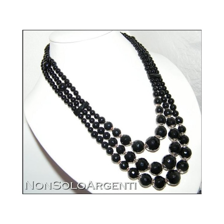 NonSoloArgenti|Choker necklace with calibrated faceted natural onyx beads, 3 strands