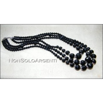 NonSoloArgenti|Choker necklace with calibrated faceted natural onyx beads, 3 strands