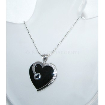 NonSoloArgenti|925 silver onyx heart pendant with cubic zirconia and bead necklace.
