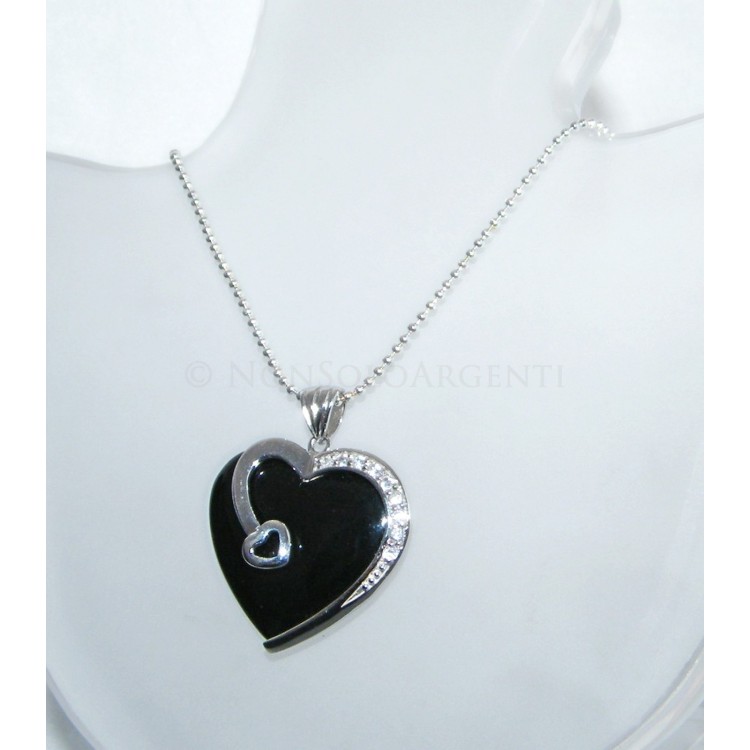 NonSoloArgenti|Ciondolo argento 925 cuore di Onice con Zirconi e collana beads.