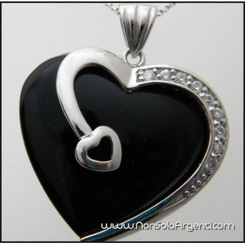 NonSoloArgenti|925 silver onyx heart pendant with cubic zirconia and bead necklace.