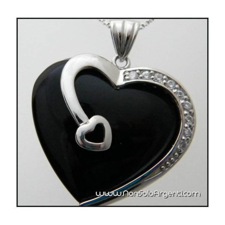 NonSoloArgenti|Ciondolo argento 925 cuore di Onice con Zirconi e collana beads.