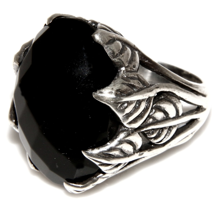 NonSoloArgenti|Solid 925 silver ring for men (pinky finger) or women: leaf-shaped band with black onyx, size 17
