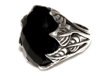 NonSoloArgenti|Massiccio Anello Argento 925 Uomo (mignolo) o  Donna : fascia lavorata a foglie con ONICE nera mis 17
