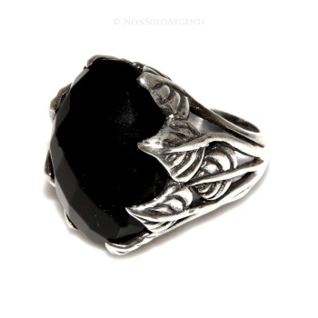 NonSoloArgenti|Massiccio Anello Argento 925 Uomo (mignolo) o  Donna : fascia lavorata a foglie con ONICE nera mis 17
