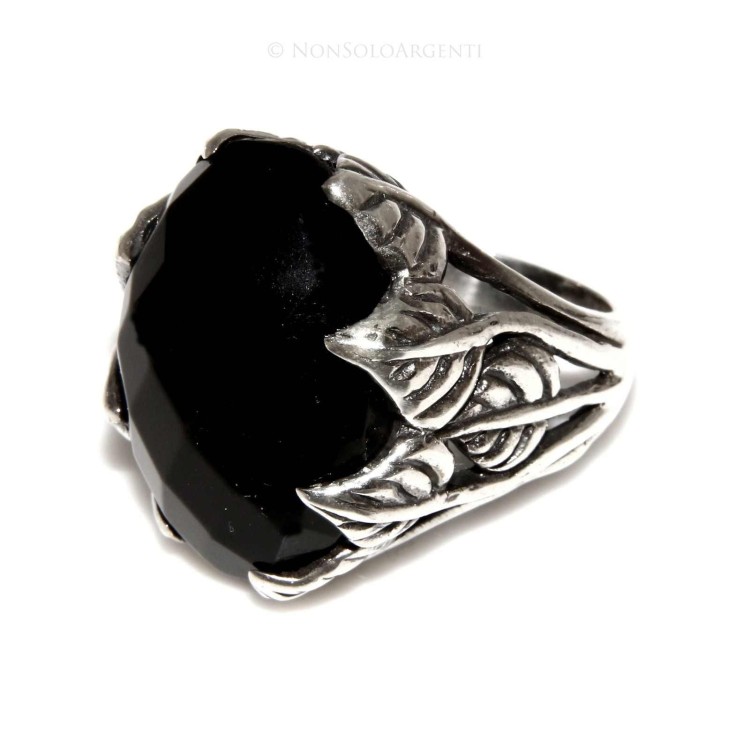 NonSoloArgenti|Massiccio Anello Argento 925 Uomo (mignolo) o  Donna : fascia lavorata a foglie con ONICE nera mis 17