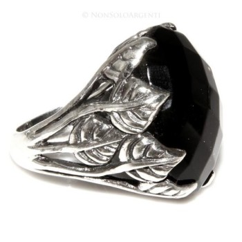 NonSoloArgenti|Massiccio Anello Argento 925 Uomo (mignolo) o  Donna : fascia lavorata a foglie con ONICE nera mis 17