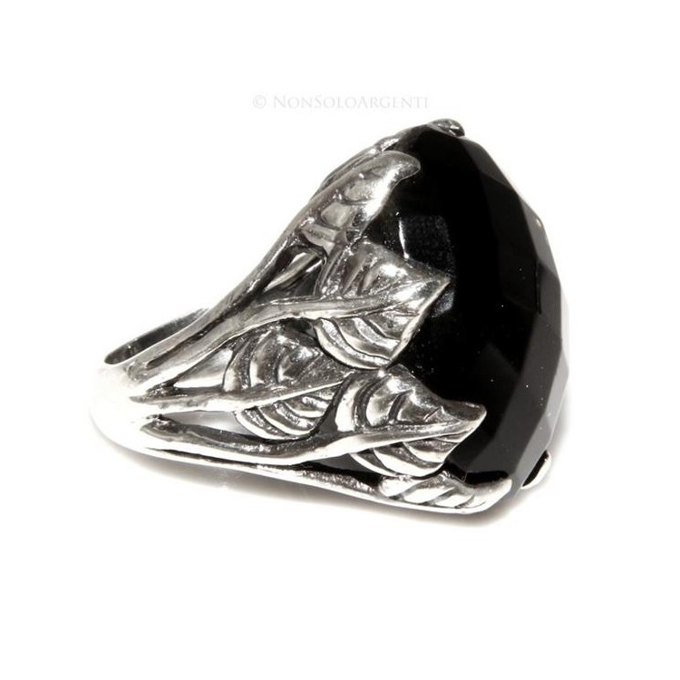 NonSoloArgenti|Massiccio Anello Argento 925 Uomo (mignolo) o  Donna : fascia lavorata a foglie con ONICE nera mis 17
