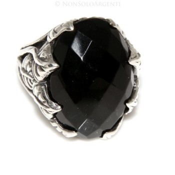 NonSoloArgenti|Solid 925 silver ring for men (pinky finger) or women: leaf-shaped band with black onyx, size 17