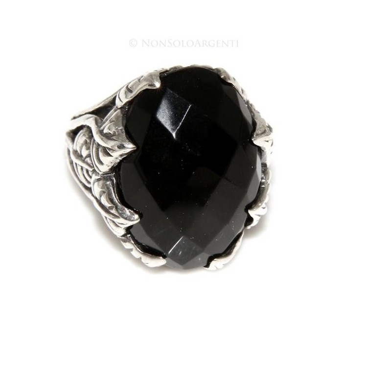 NonSoloArgenti|Solid 925 silver ring for men (pinky finger) or women: leaf-shaped band with black onyx, size 17