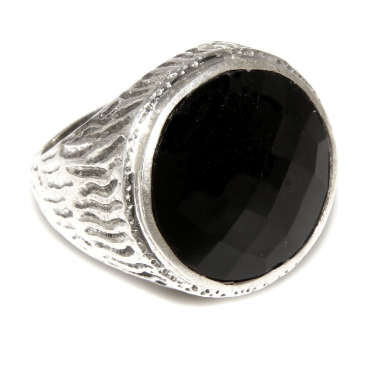 NonSoloArgenti|Large 925 silver ring for men: Solid, antique-finish band with round onyx, size 22