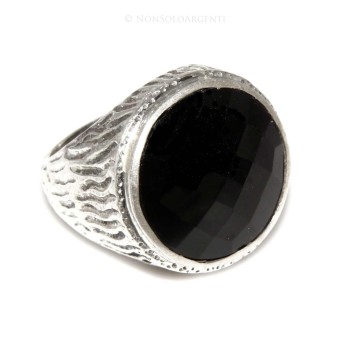 NonSoloArgenti|Grande Anello Argento 925 da uomo : Fascia massiccia lavorata anticata con onice tonda  misura 22