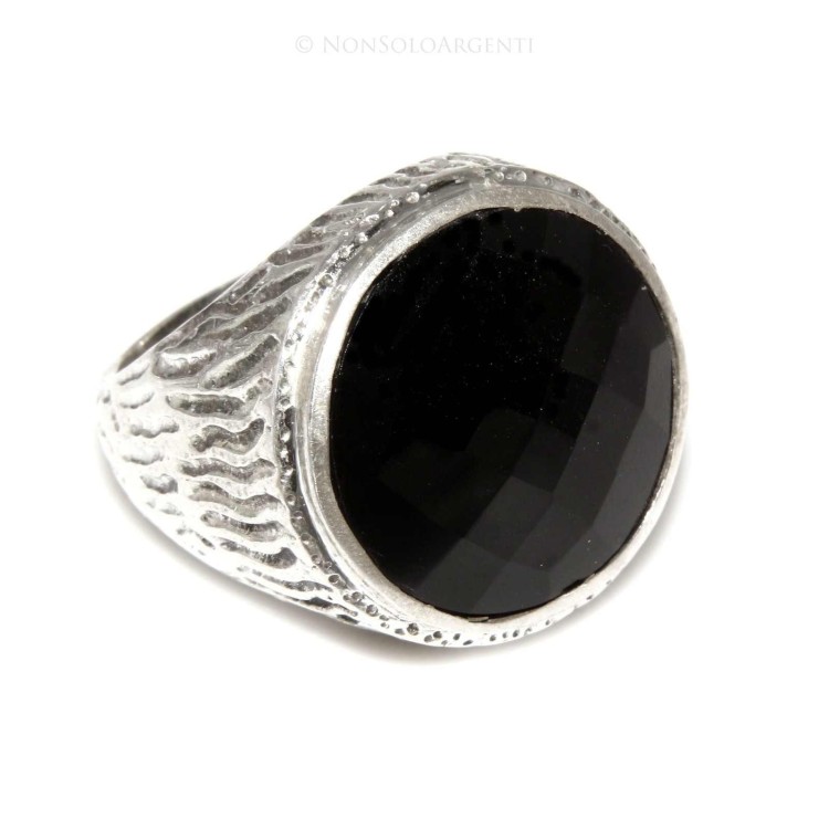 NonSoloArgenti|Grande Anello Argento 925 da uomo : Fascia massiccia lavorata anticata con onice tonda  misura 22