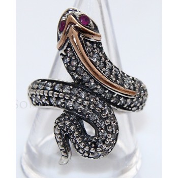 NonSoloArgenti|925 silver: Two-tone ring with snake and white zirconia - Ruby root, size 21