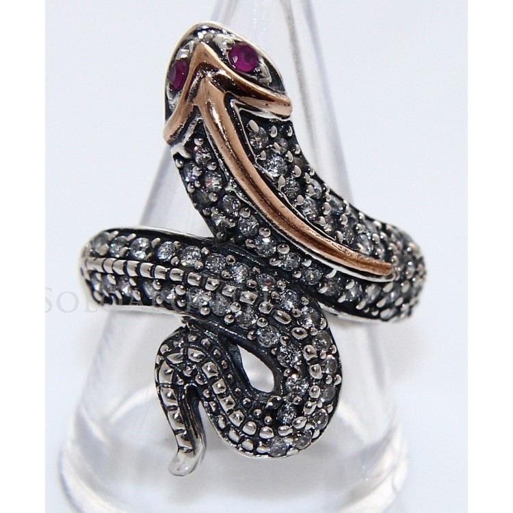 NonSoloArgenti|925 silver: Two-tone ring with snake and white zirconia - Ruby root, size 21
