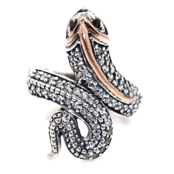 NonSoloArgenti|925 silver: Two-tone ring with snake and white zirconia - natural onyx size 18 19 20