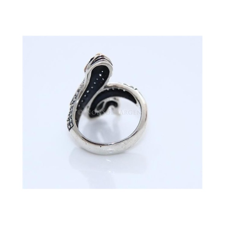 NonSoloArgenti|925 silver: Two-tone ring with snake and white zirconia - natural onyx size 18 19 20