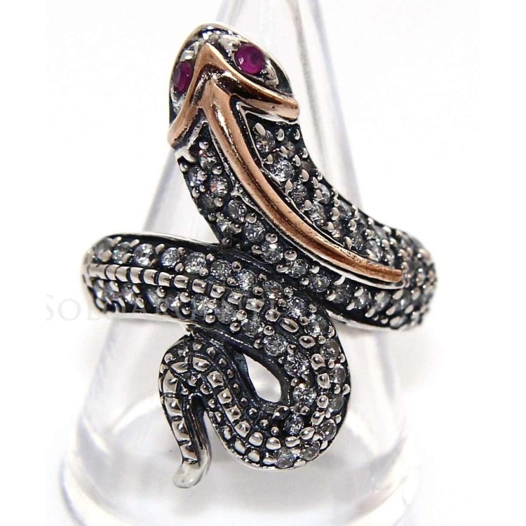 NonSoloArgenti|925 silver: Two-tone ring with snake and white zirconia - Ruby root, size 21