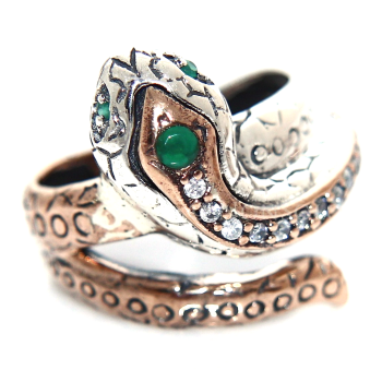 NonSoloArgenti|Argento 925 : Anello 2 colori  con serpente e zirconi  bianchi - Radice di smeraldo misura 19