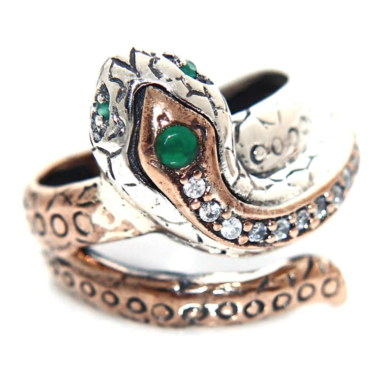 NonSoloArgenti|Argento 925 : Anello 2 colori  con serpente e zirconi  bianchi - Radice di smeraldo misura 19