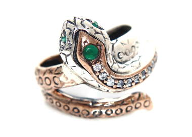 NonSoloArgenti|Argento 925 : Anello 2 colori  con serpente e zirconi  bianchi - Radice di smeraldo misura 19