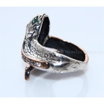 NonSoloArgenti|Argento 925 : Anello 2 colori  con serpente e zirconi  bianchi - Radice di smeraldo misura 19