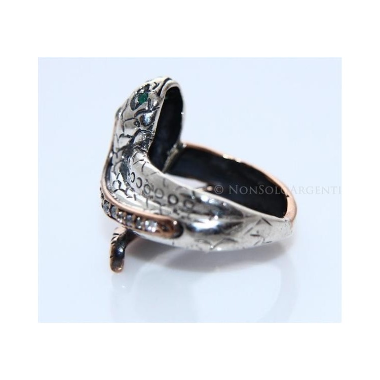 NonSoloArgenti|Argento 925 : Anello 2 colori  con serpente e zirconi  bianchi - Radice di smeraldo misura 19
