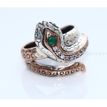 NonSoloArgenti|925 silver: Two-tone ring with snake and white zirconia - Emerald root, size 19