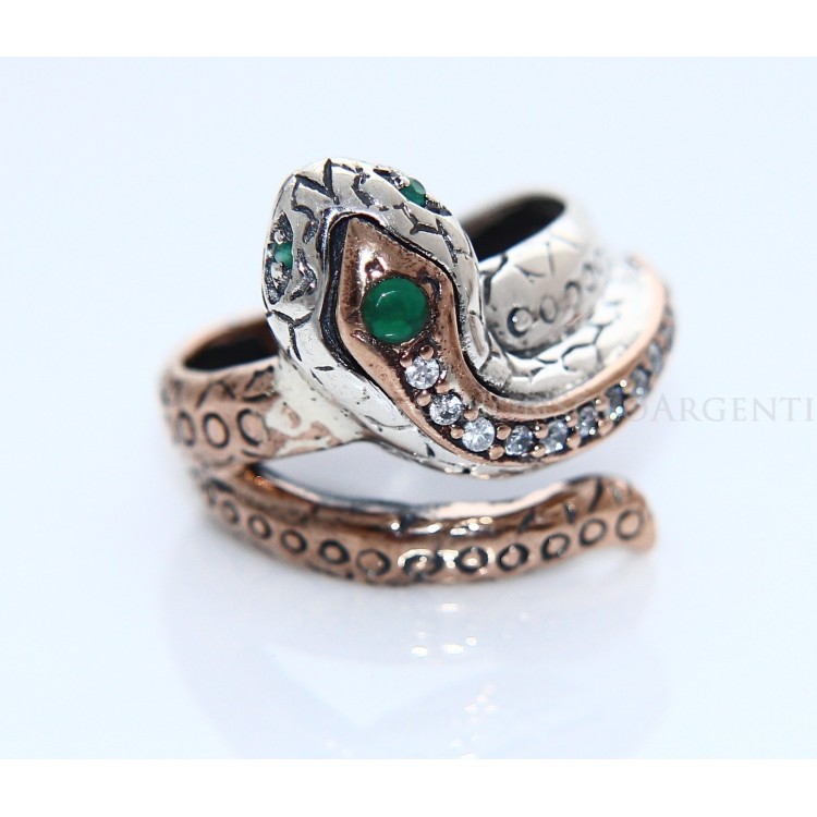 NonSoloArgenti|925 silver: Two-tone ring with snake and white zirconia - Emerald root, size 19