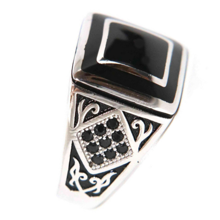 NALBORI 925 silver chevalier ring square black zircon shield